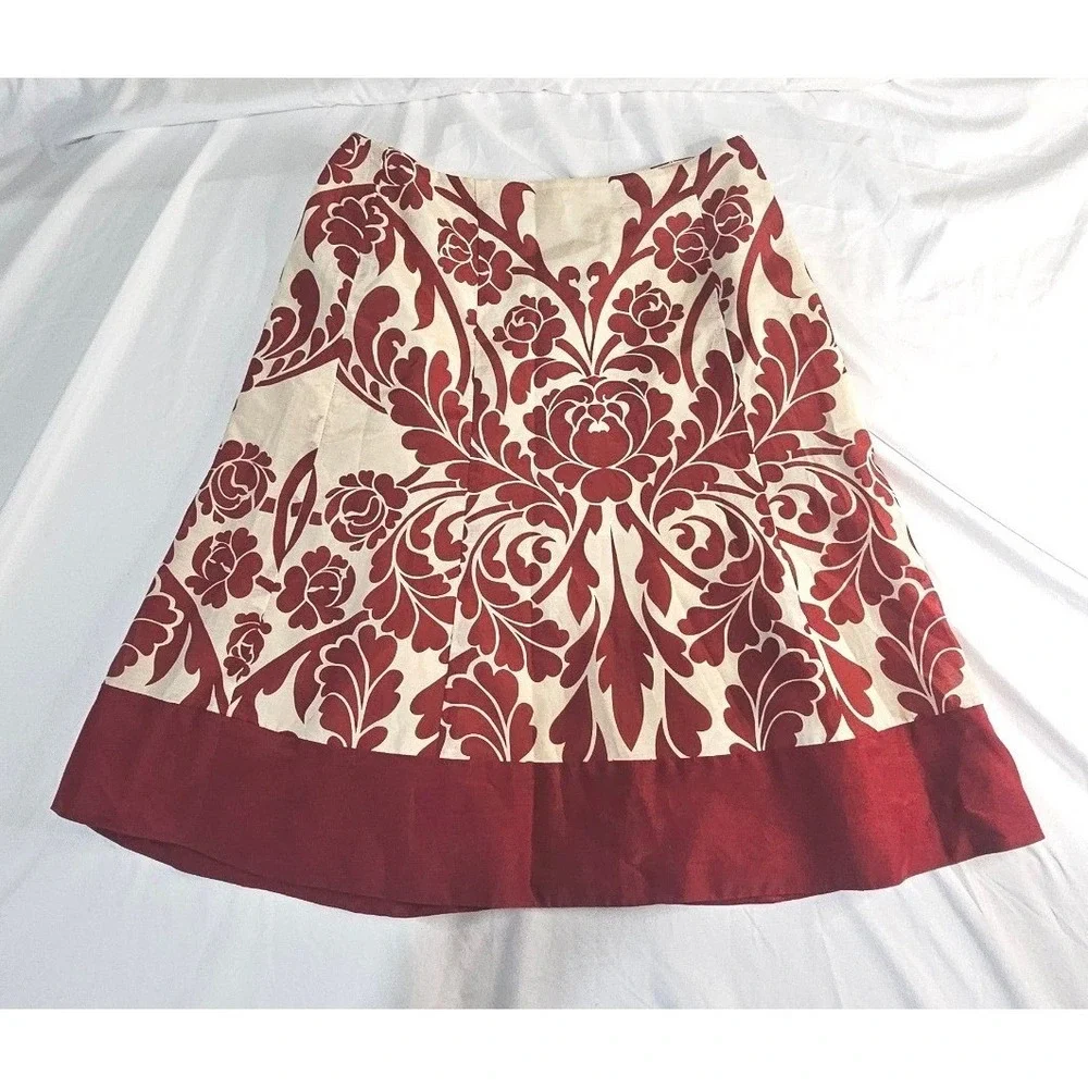 NWT Ann Taylor‎ Petites Red Damask Floral Silk Blend A-Line Skirt 0P